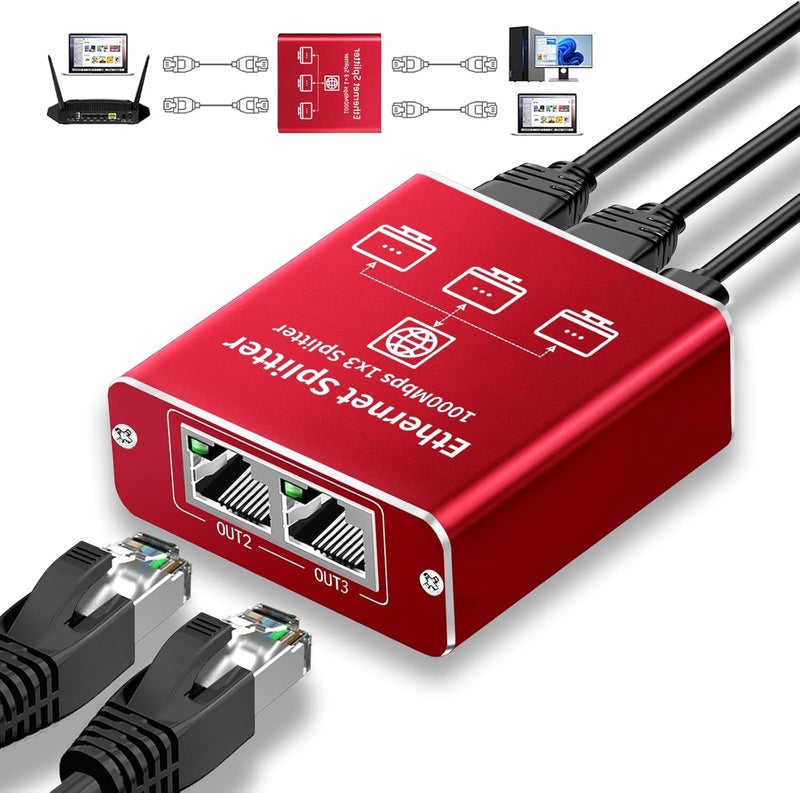 Goalake Ethernet Splitter 1 to 3 High Speed 1000Mbps, Gigabit Ethernet Splitter, LAN Splitter Dual LAN RJ45 Port Router Switch for Cat5/5e/6/7/8 Cable, IEEE 802.3 Compliant Plug and Play - Image 1